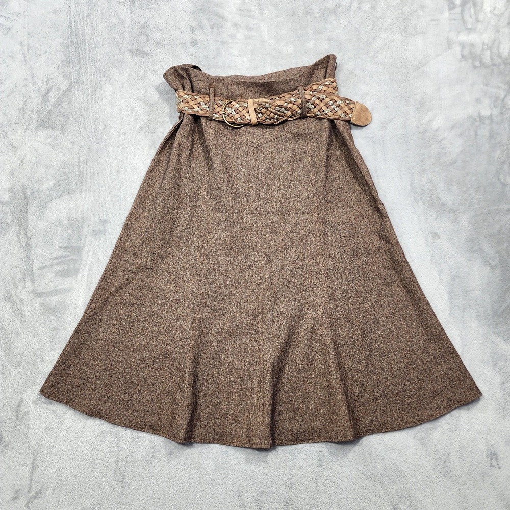 Vintage Dressbarn Skirt Womens 12 Brown Tweed High Waist A-Line Midi Belted
